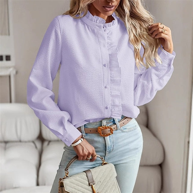 Women's Blouse Dressy Tops Ruched Ruffle Buttons Plain