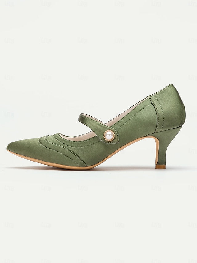 Elegant with Pearl - Button Mary Heels Jane Green Satin