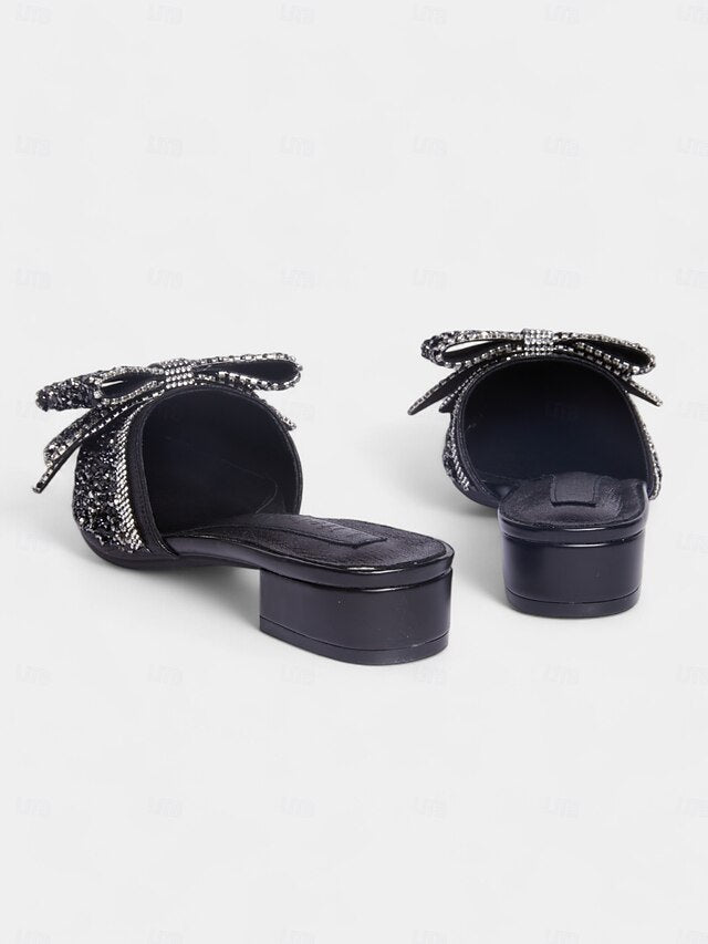 – Rhinestone-Bow Flat for Parties and Black Mules Perfect