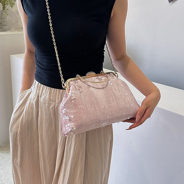 Women's Ivory Sequin Top Handle Clutch with Chain Strap,