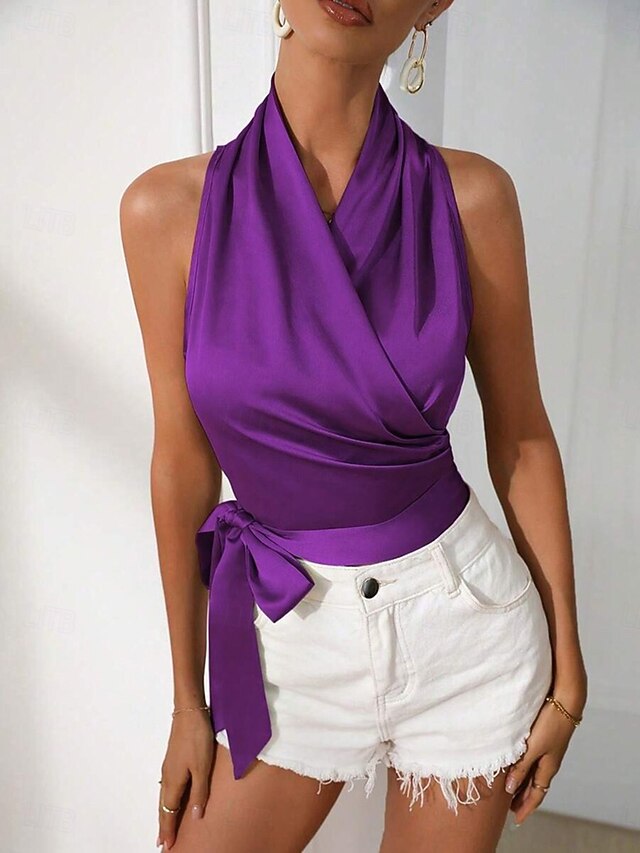 Women's Satin Tank T Shirt Tee Top Wrap Plain Elegant