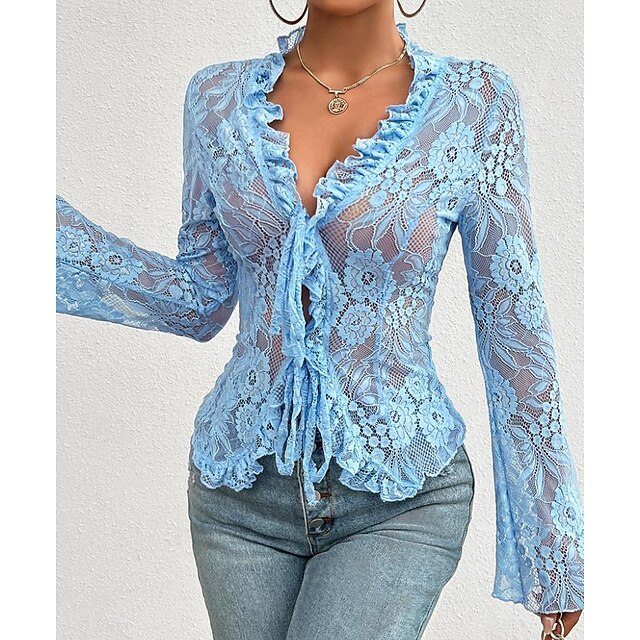 Women's Lace Solid Color Plain Stylish Long Sleeve Causal