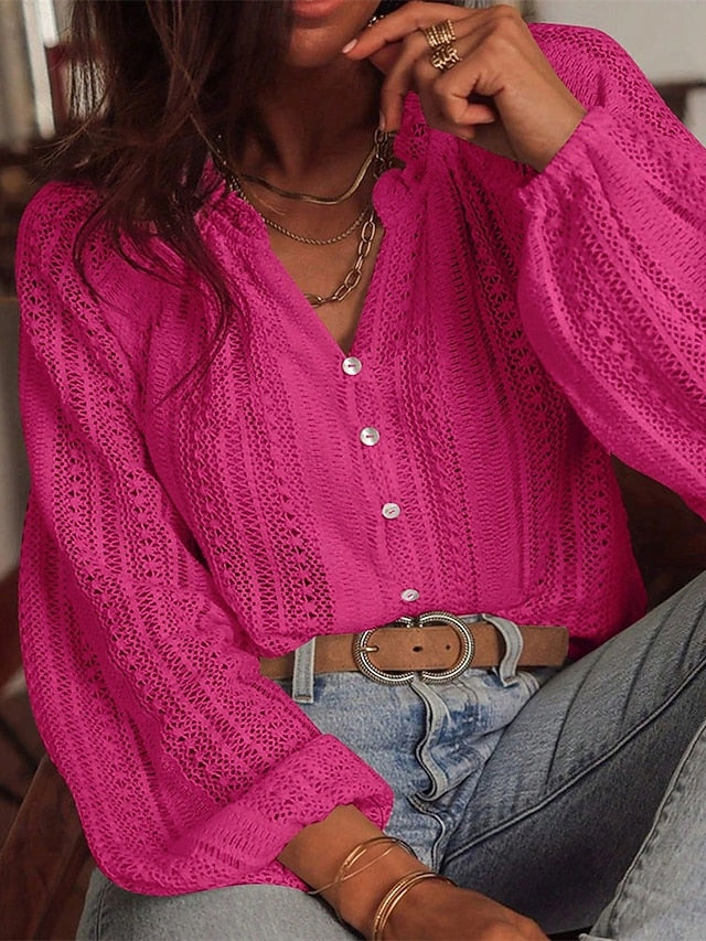 Women's Shirt Dressy Tops Hollow Out Buttons Plain Elegant