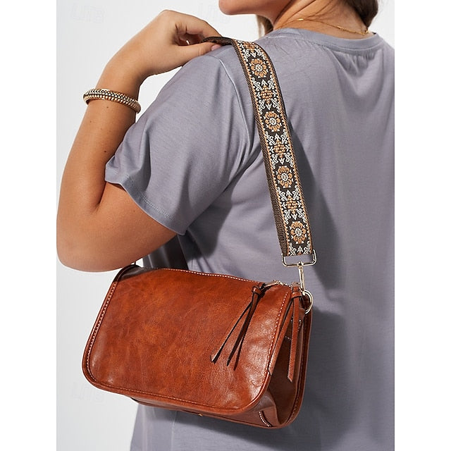 Women's Adjustable Shoulder Faux Bag Brown with Leather