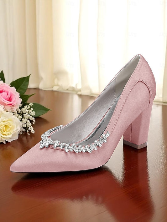 Block Heel Pumps Wedding Pink Satin Women's