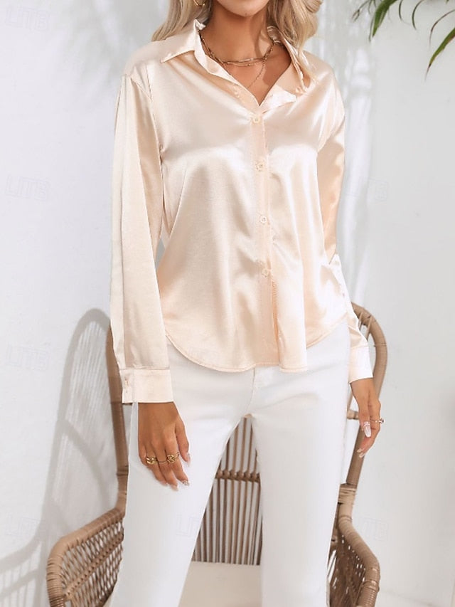 Women's Shirt Elegant Satin Top Blouse Buttons Plain