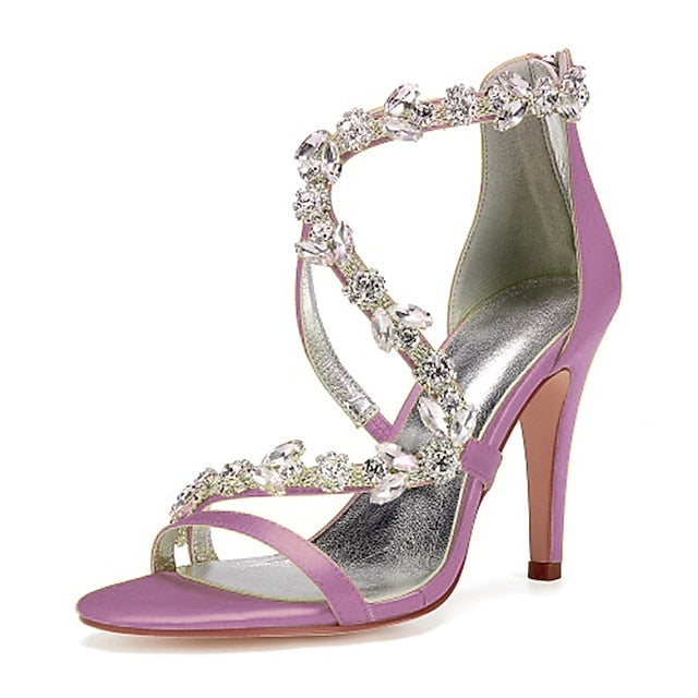 with Heel Pink High Rhinestone Sandals Women's Floral Satin