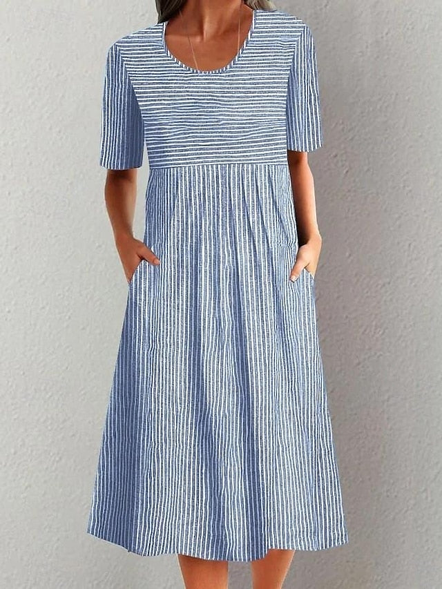 Women's Jumper Dress Stripe Ruched Print Crew Neck Midi