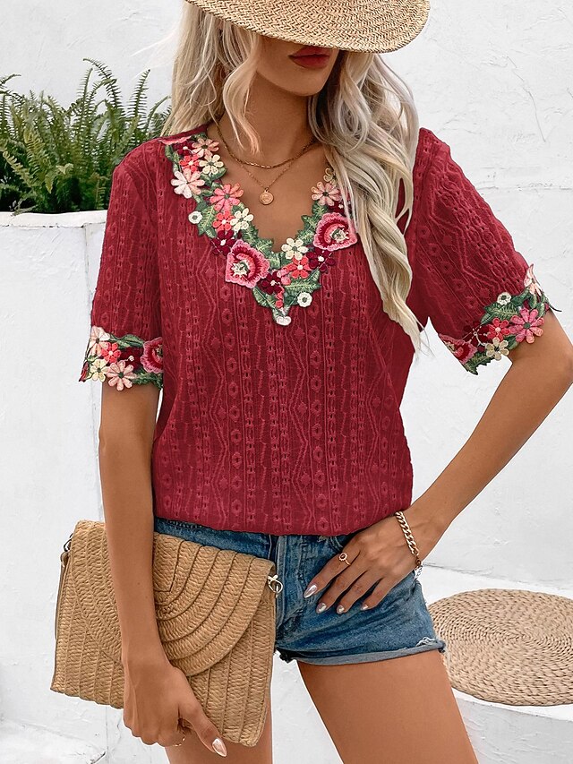 Women's White Elegant Lace Tops Eyelet Blouse Floral
