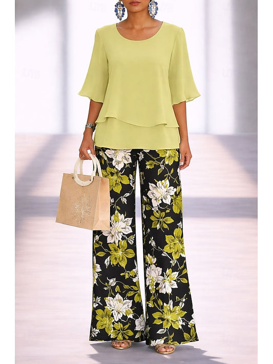 Women's Pants Sets Half Sleeve Butterfly Sleeve Round Neck