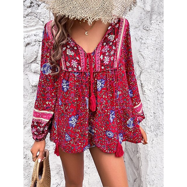 Women's Shirt Blouse Lace up Print Floral Bohemia Ethnic