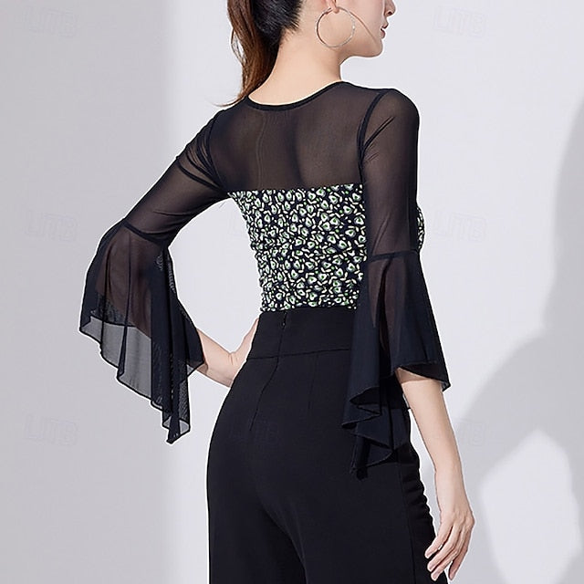 Latin Dance Top Printing Pure Color Splicing Women's