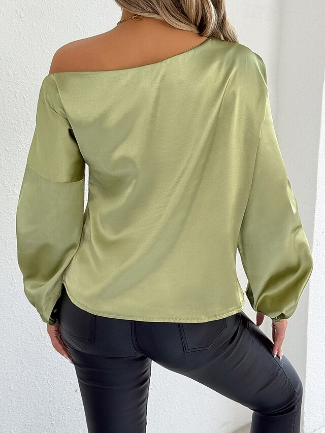 Women's Satin Tee Top Elegant Stylish Long Sleeve Puff
