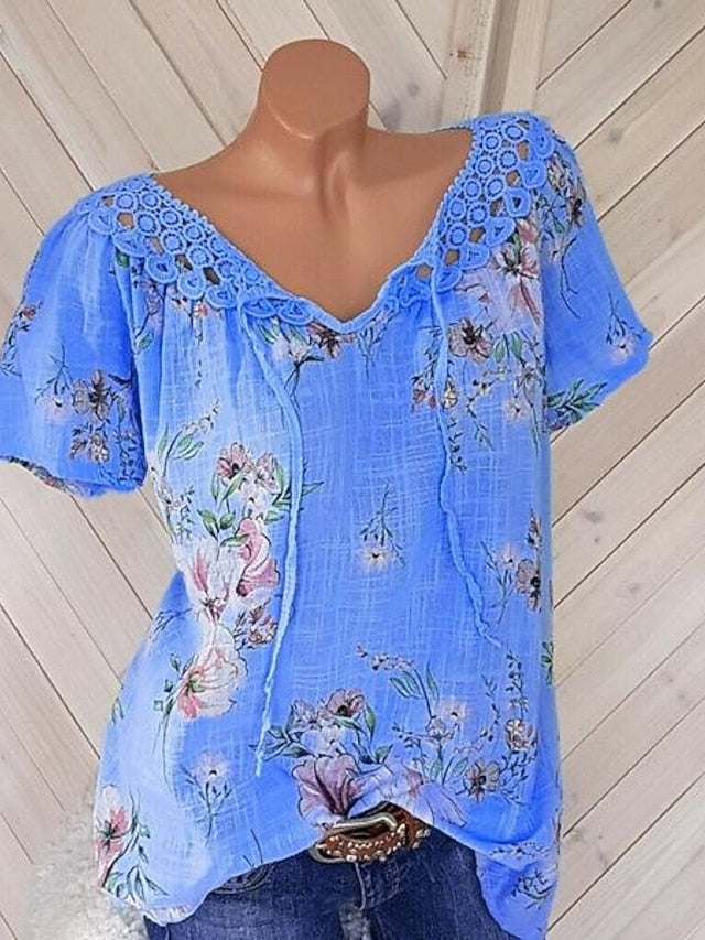 Women's White Elegant Lace Tops Eyelet Blouse Basic Floral