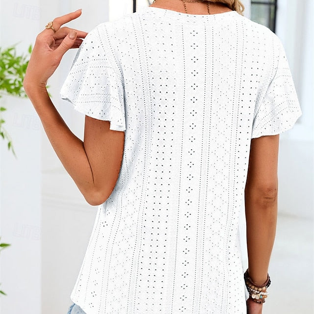 Women's Shirt T Shirt Ruffle Patchwork Eyelet Solid Color