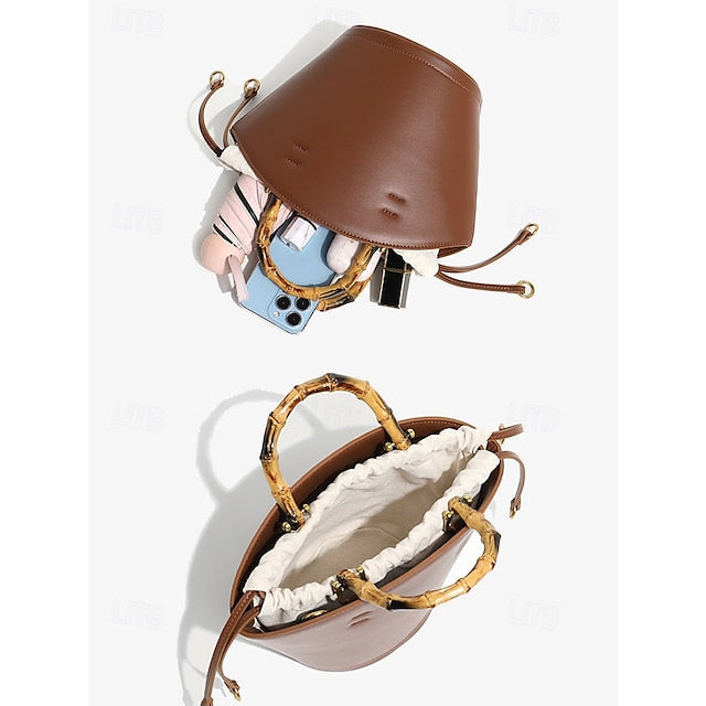 with Brown Women's Leather Bag Bucket Bamboo Handle