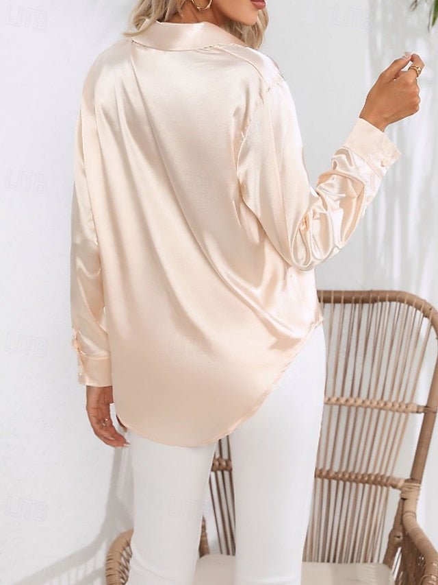 Women's Shirt Elegant Satin Top Blouse Buttons Plain