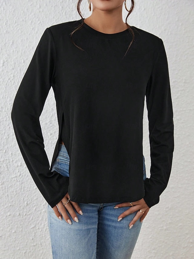 Women's T Shirt Side Split Solid Color Stylish Classic