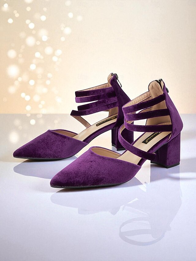 Pumps Block Blue Pointed Toe Heel Velvet with Women's