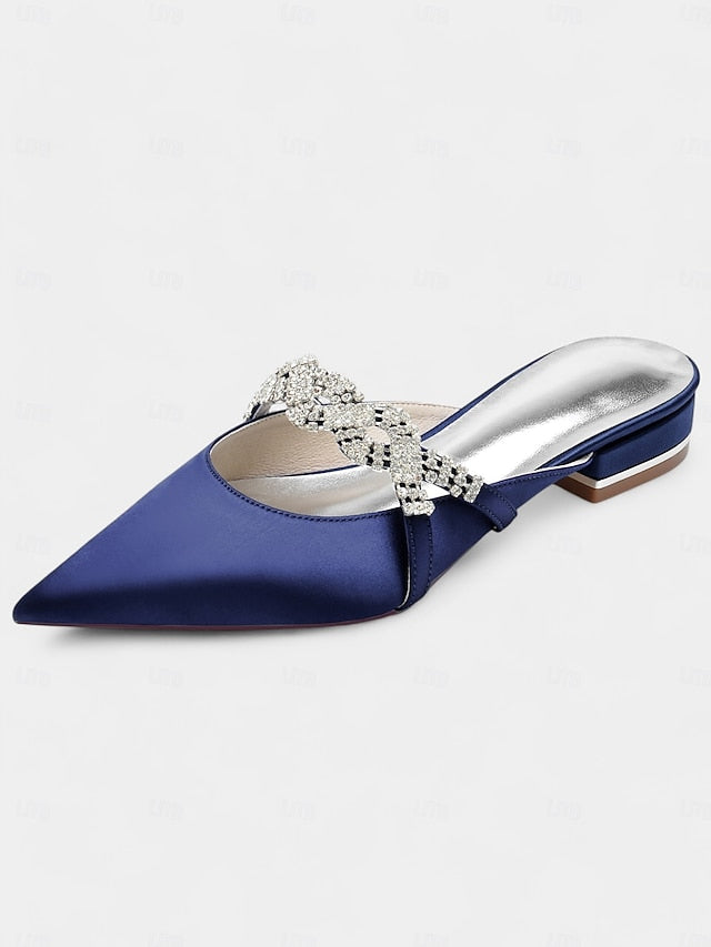 Satin Mule - Heels Rhinestone with Pointed-Toe Blue Detailing