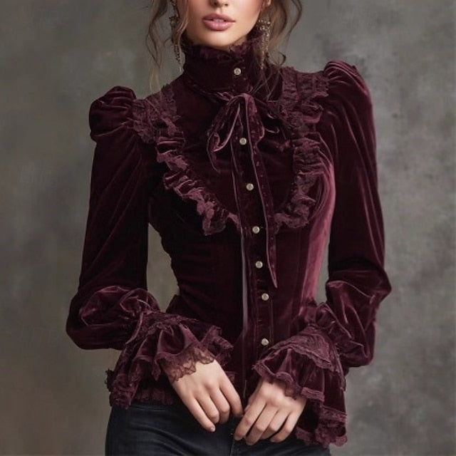 Women's Shirt Velvet Blouse Buttons Plain Vintage Stylish