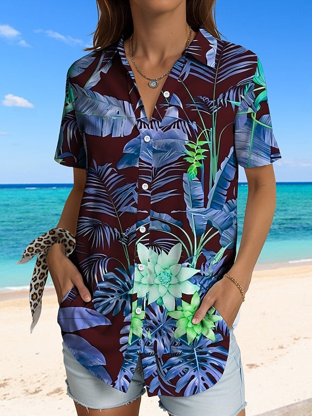 Women's Shirt Short Sleeve Button Down Blouse Graphic Leaf