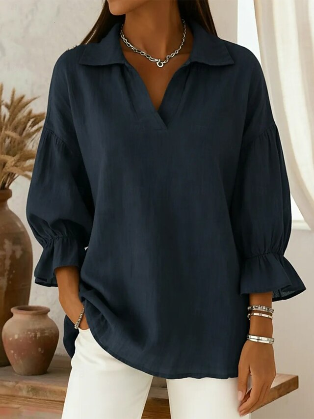 Women's Blouse Faux Linen Shirt Solid Color Stylish Casual