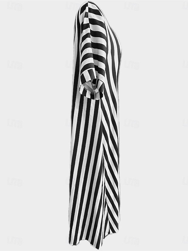 Women's Casual Dress Stripe Button Print Shirt Collar Long