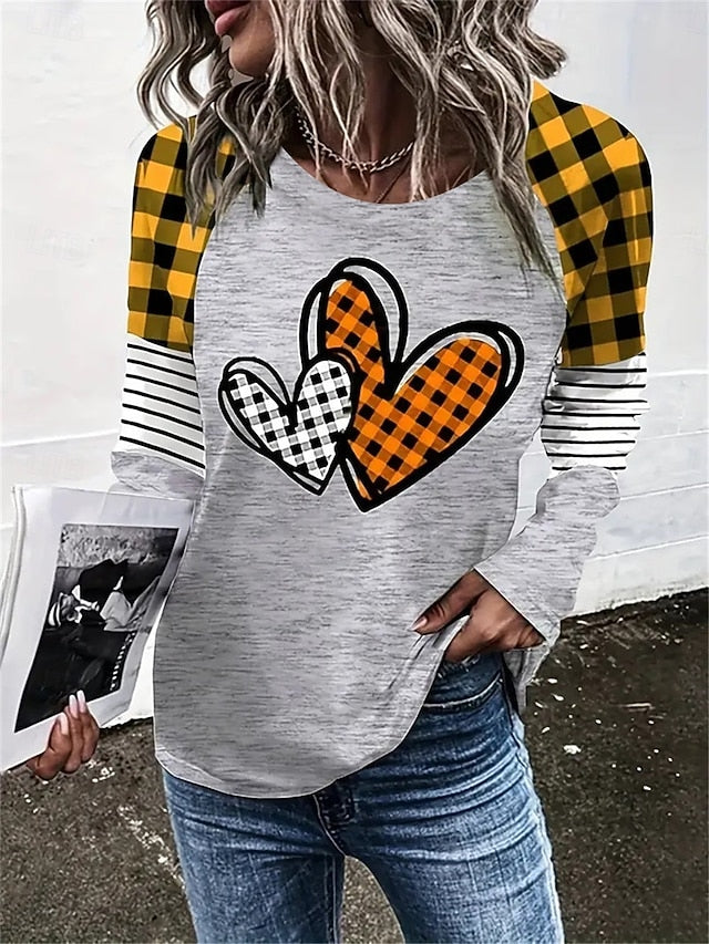 Valentine Women's Heart T Shirt Casual Print Long Sleeve