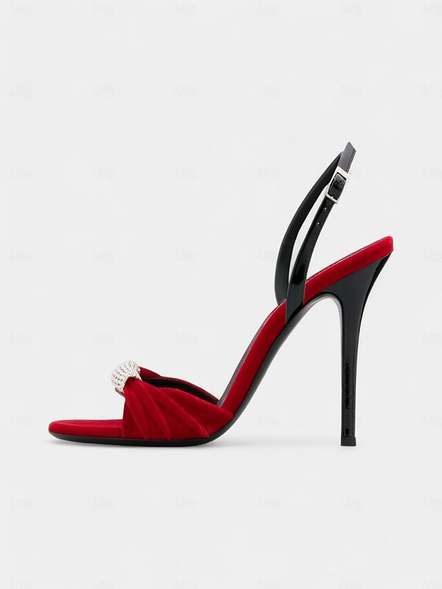 Heels Velvet Red Bold Accent – with Rhinestone Stiletto