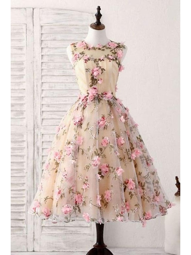 A-Line Short Mini Prom Dresses Party Floral Sleeveless Jewel