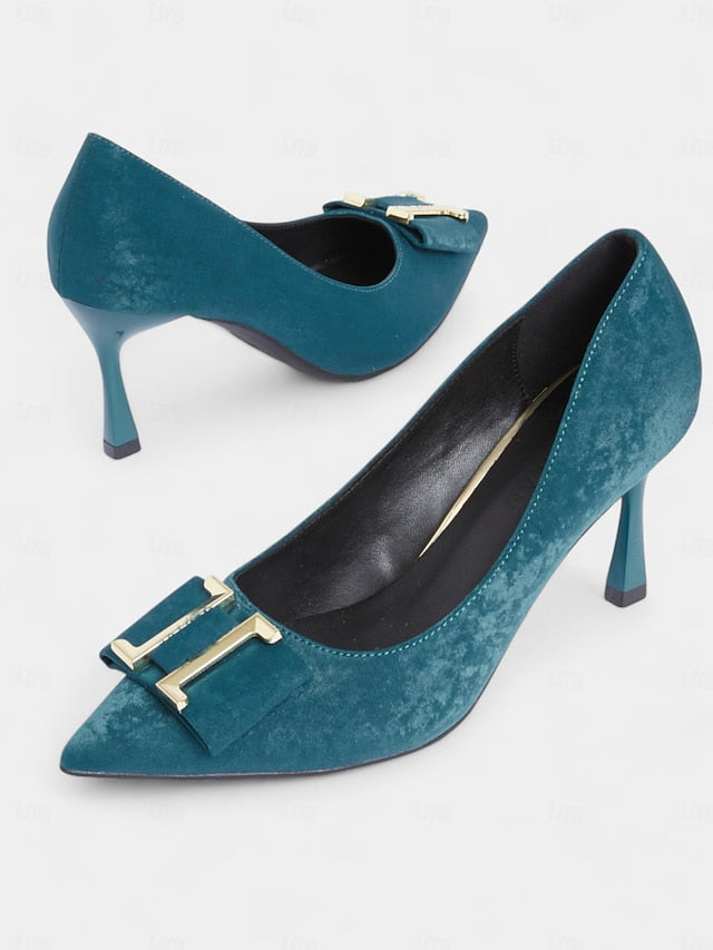 Velvet Elegant Pointed Women's Kitten - Heel Teal Toe Pumps