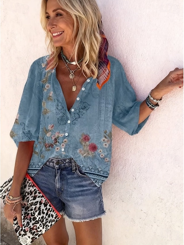 Women's Shirt Print Ombre Floral Graphic Bohemia Vintage