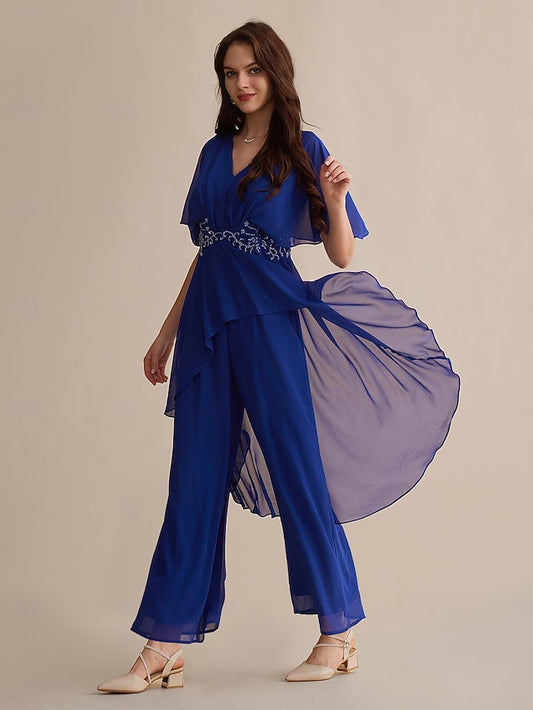 Guest Embroidered Cuff Flare Chiffon Sequin Blue Wedding Royal