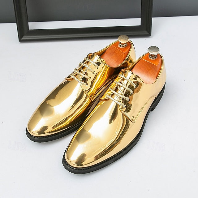 Lace-Up – Men Leather Patent Shiny for Sleek Gold Shoes