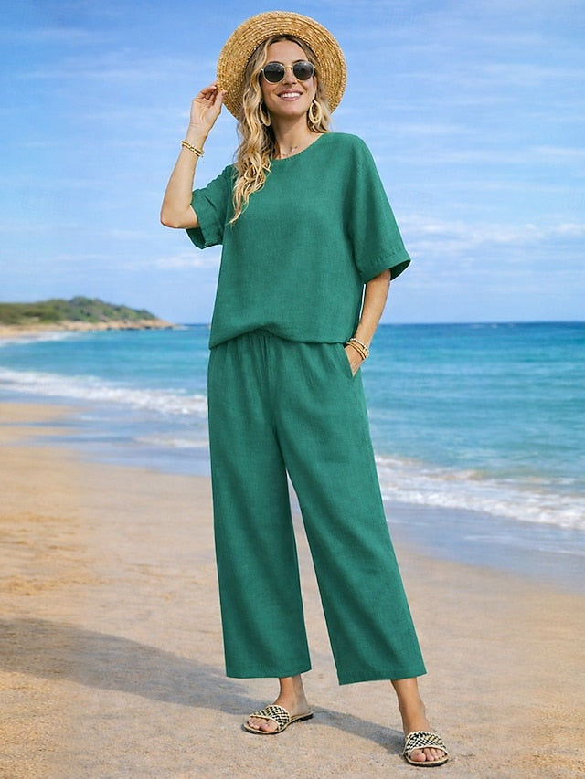 Women's Cotton Linen Sets Two Piece Sets Pure Color Hot