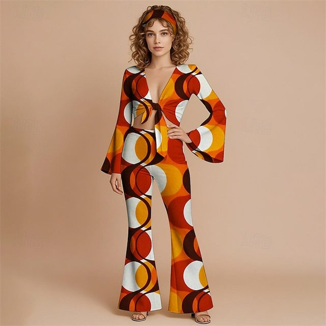 Retro Vintage 1970s Groovy Tie Front Flared Pants Set Hippie