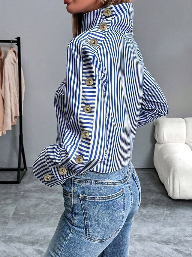 Women's Shirt Blouse Buttons Striped Stylish Long Sleeve