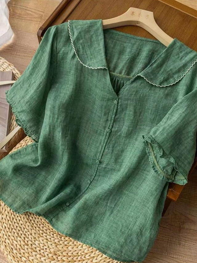 Women's Cotton Linen Shirts Solid Color Basic Casual Short