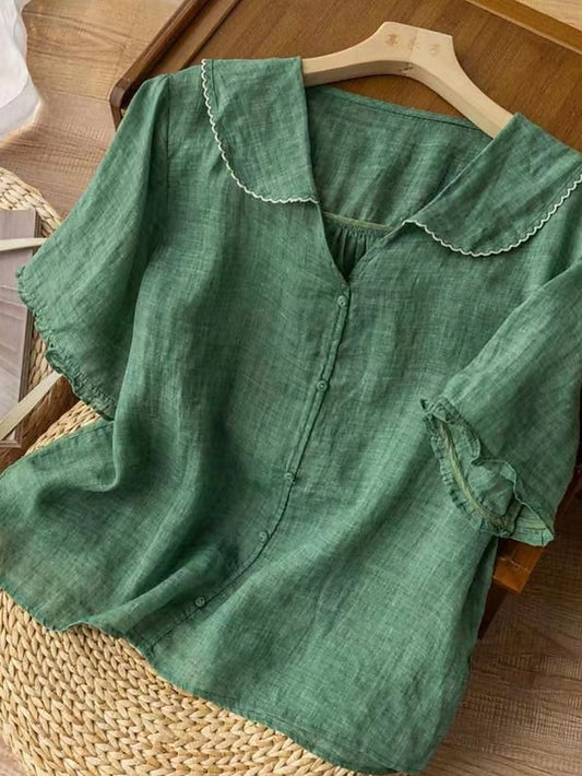 Women's Cotton Linen Shirts Solid Color Basic Casual Short