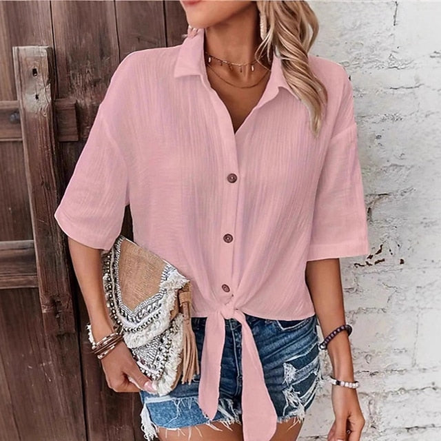 Women's Casual Shirt Button Up Shirt Blouse Ruched Tie