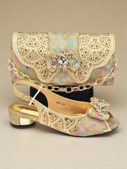 Matching Women's Heels Gold Slingback and Rhinestone Clutch