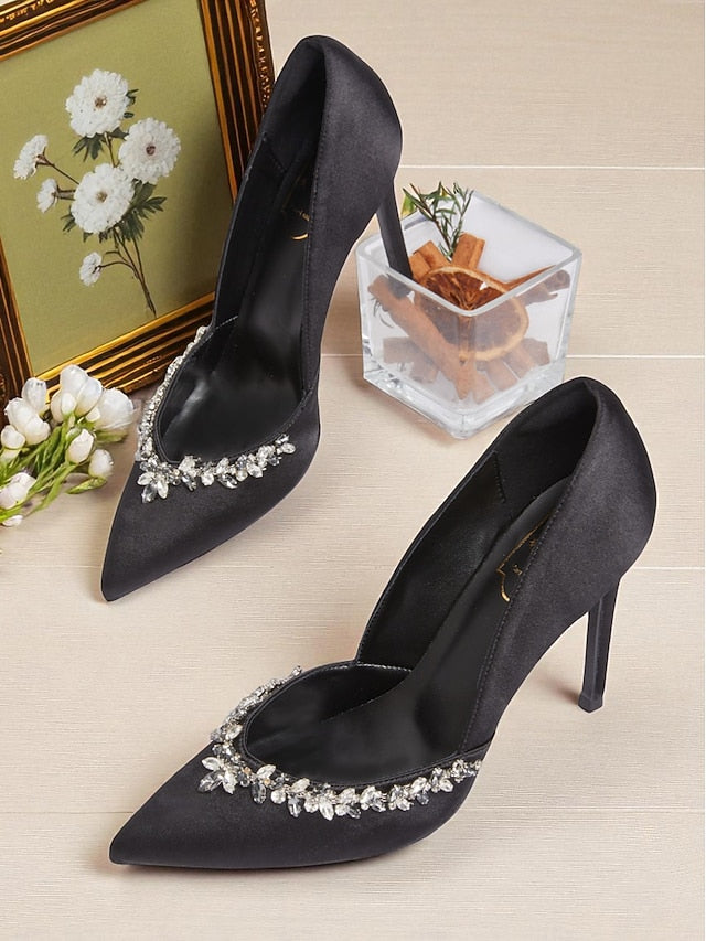 Satin Pointed Heels Women's Crystal Toe with Embellishment