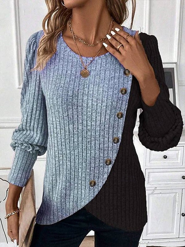 Women's Blouse Patchwork Buttons Geometric Color Block