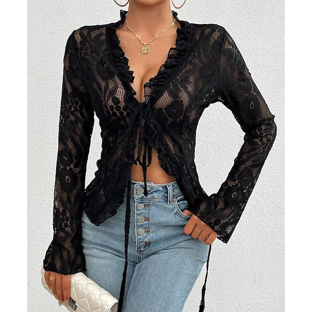 Women's Lace Solid Color Plain Stylish Long Sleeve Causal