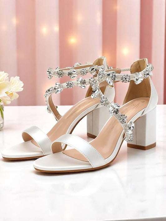 Women's with Crystal Pink Straps Heel Block Sandals Satin