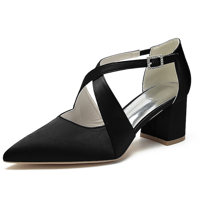 – Elegant White Block Pointed Heels Women's Satin Toe