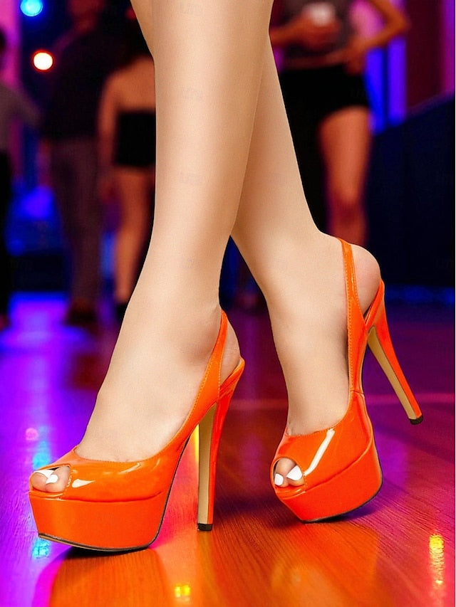 Heels Orange PU Patent Stiletto Women's Platform Leather