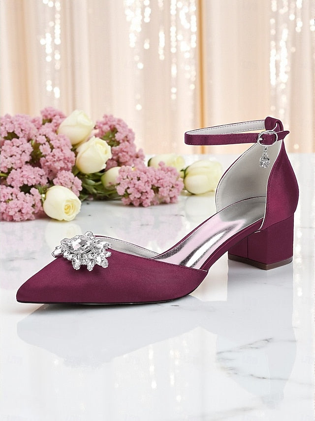 Shoes Burgundy Women's Heel Satin Block with Wedding