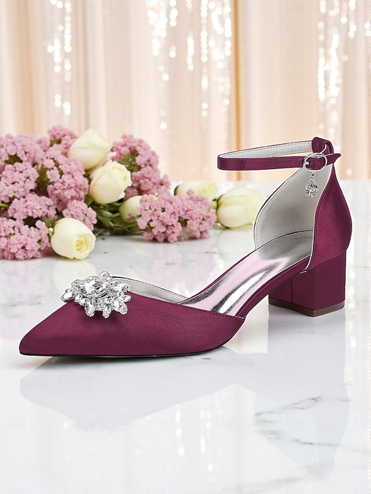 Shoes Burgundy Women's Heel Satin Block with Wedding